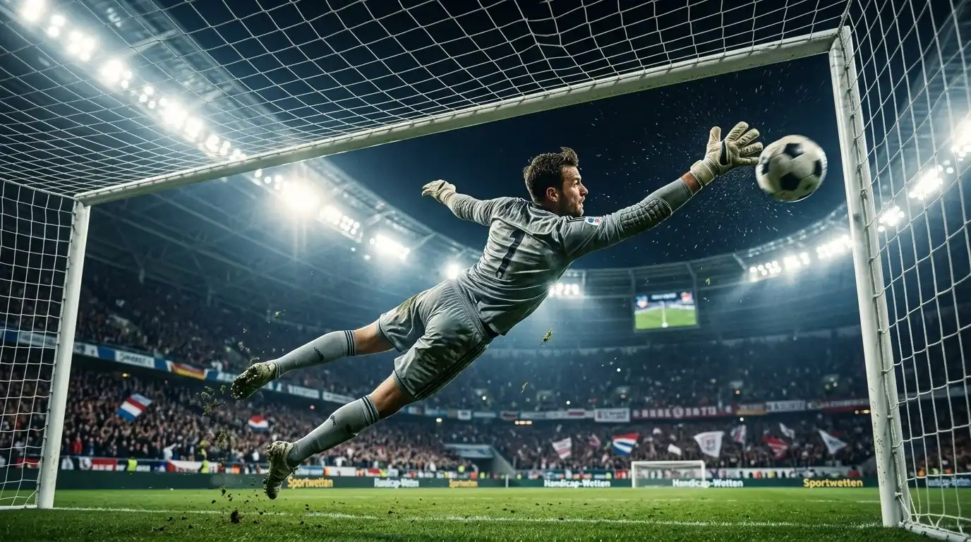 Fußballtor mit Torwart und anfliegendem Ball bei einem Bundesliga-Spiel